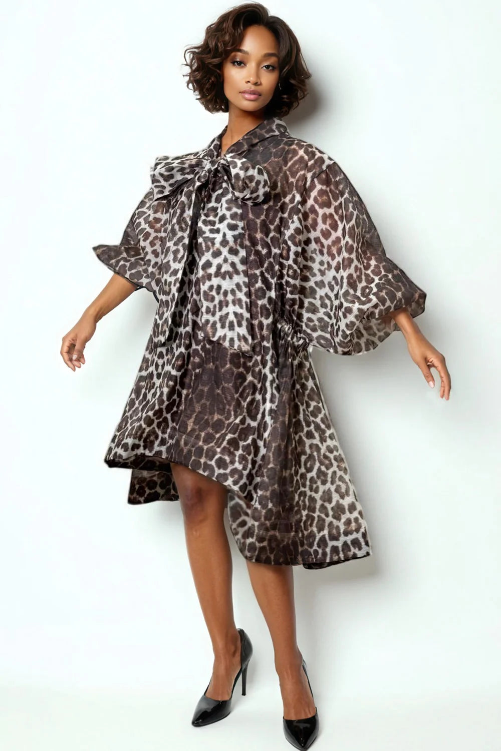 Leopard necktie flared dress