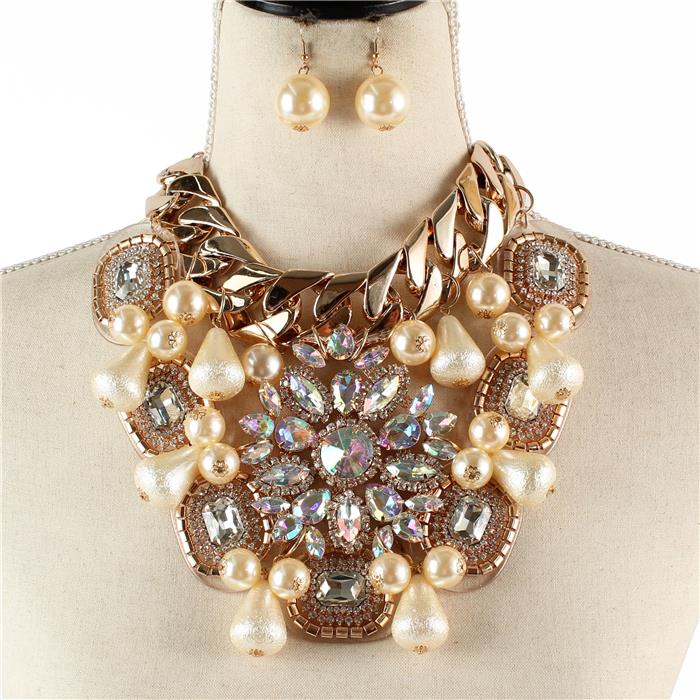 AB Marquise Stone Flower Accented Chunky Chain Pearl Statement Necklace