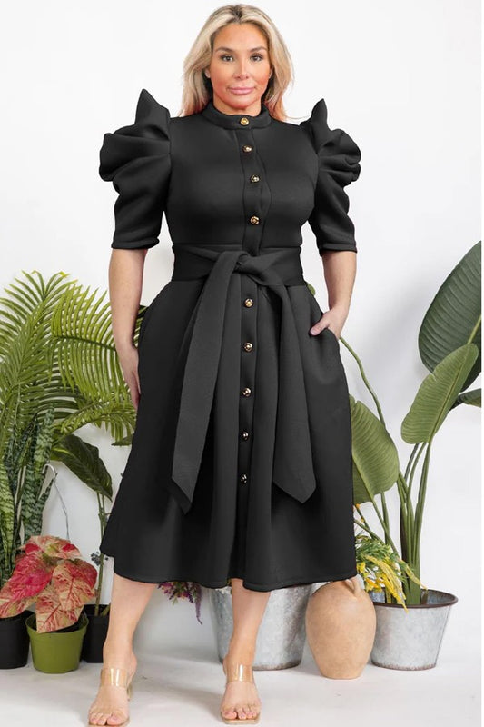Midi Dress With Puffed Sleeves
