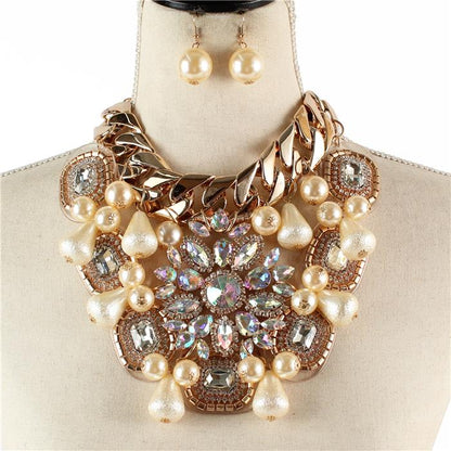 AB Marquise Stone Flower Accented Chunky Chain Pearl Statement Necklace