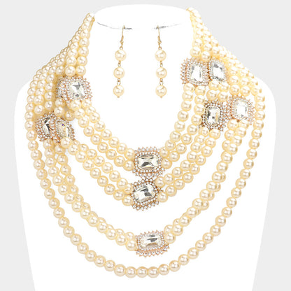 Stone Embellished Multi Layered Pearl Bib Necklace
