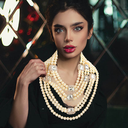 Stone Embellished Multi Layered Pearl Bib Necklace
