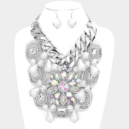 AB Marquise Stone Flower Accented Chunky Chain Pearl Statement Necklace
